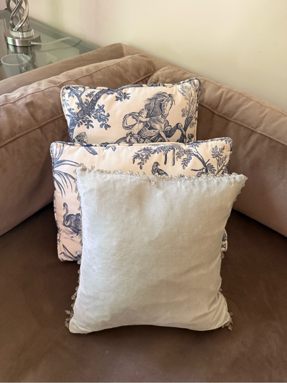 Set of 3 Decorative Throw Pillows in Blush Pink and Blue